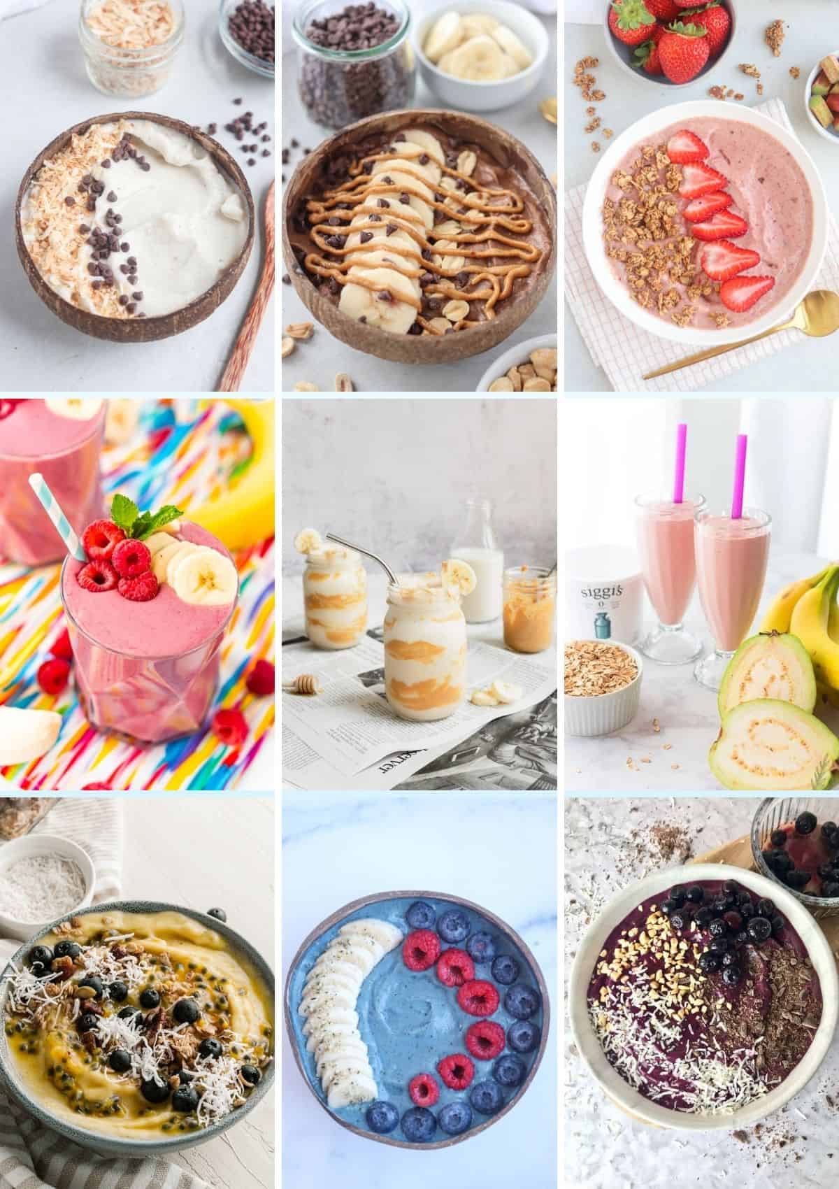 a collage of nine vertical photos showing smoothies and smoothie bowls using banana.