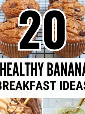 Four banana muffins with chocolate chips are cooling on a wire rack above text that reads 20 Healthy Banana Breakfast Recipes. Below the text are bowls featuring delicious, banana-based breakfasts.
