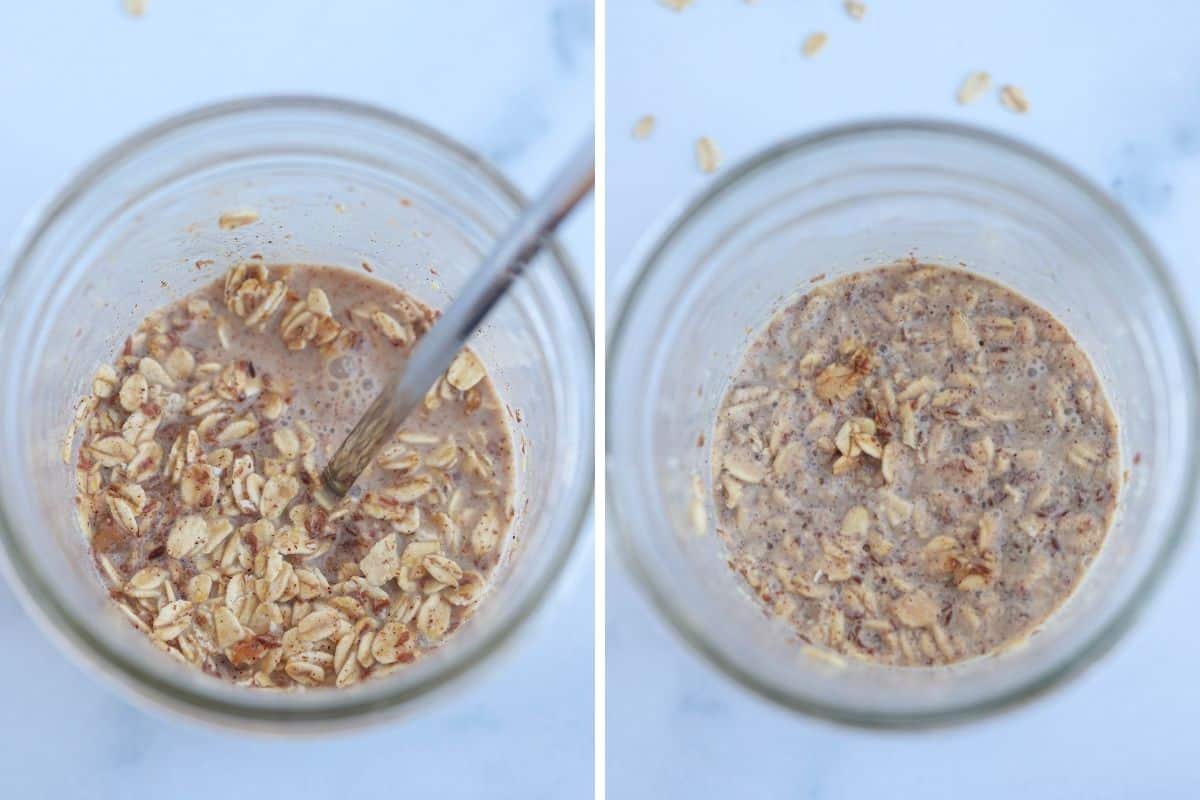 biscoff overnight oats in a mason jar before and after being in the fridge. 
