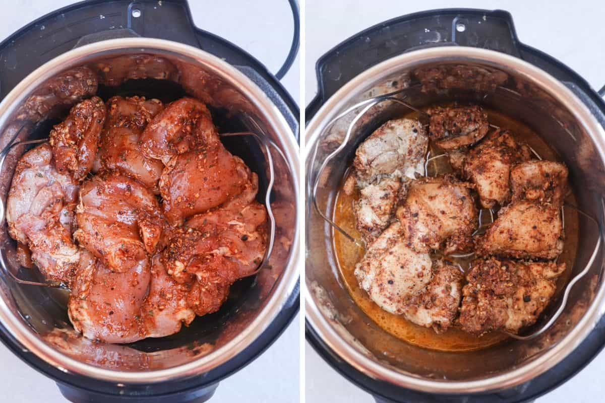 making jerk chicken in an instant pot, before and after cooking.