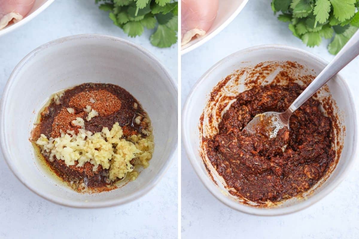 making jerk marinade in a small bowl, before and after mixing.