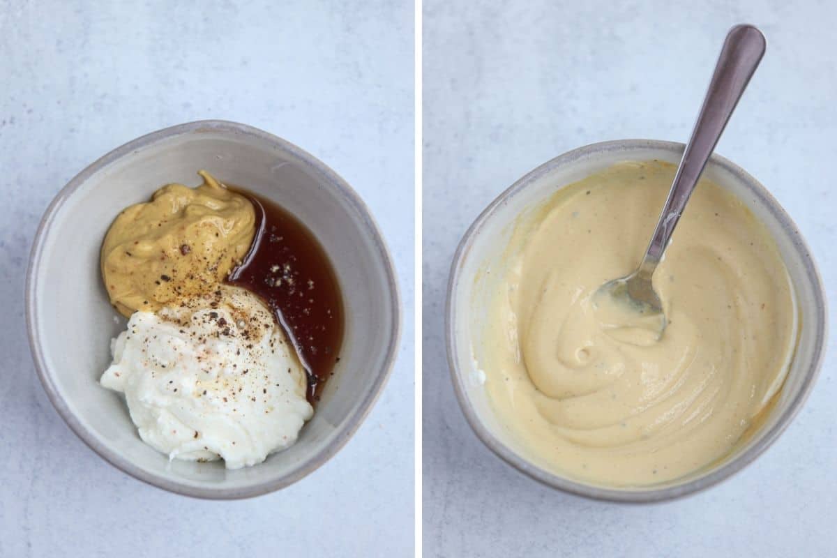 making creamy mustard maple dipping sauce in a small bowl, before and after mixing.