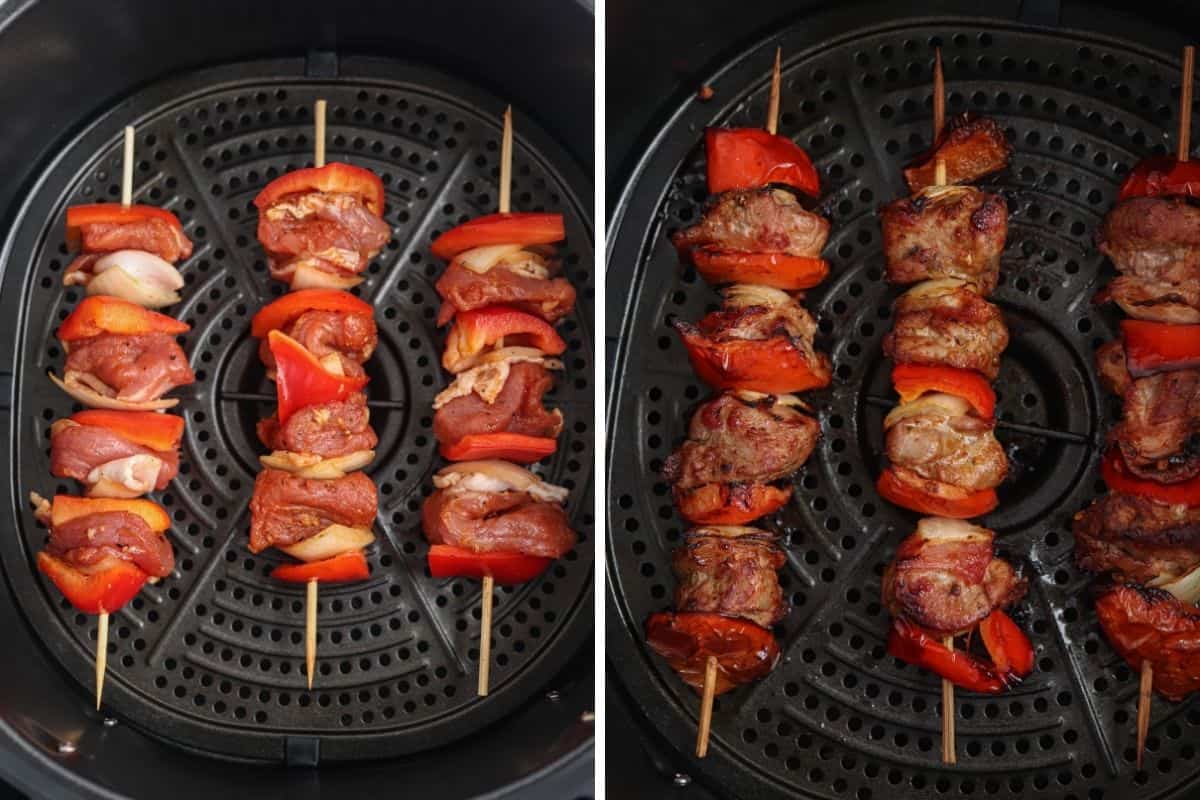 pork kebabs in the air fryer before and after cooking.