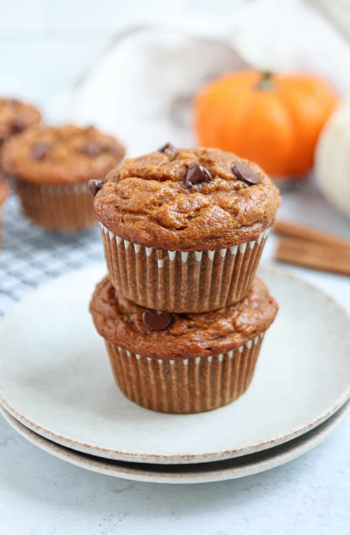 Two pumpkin chocolate chip muffins stacked on a plate, with more muffins, pumpkins, and a cinnamon stick in the backgroundโperfect inspiration for those seeking healthy banana breakfast recipes.