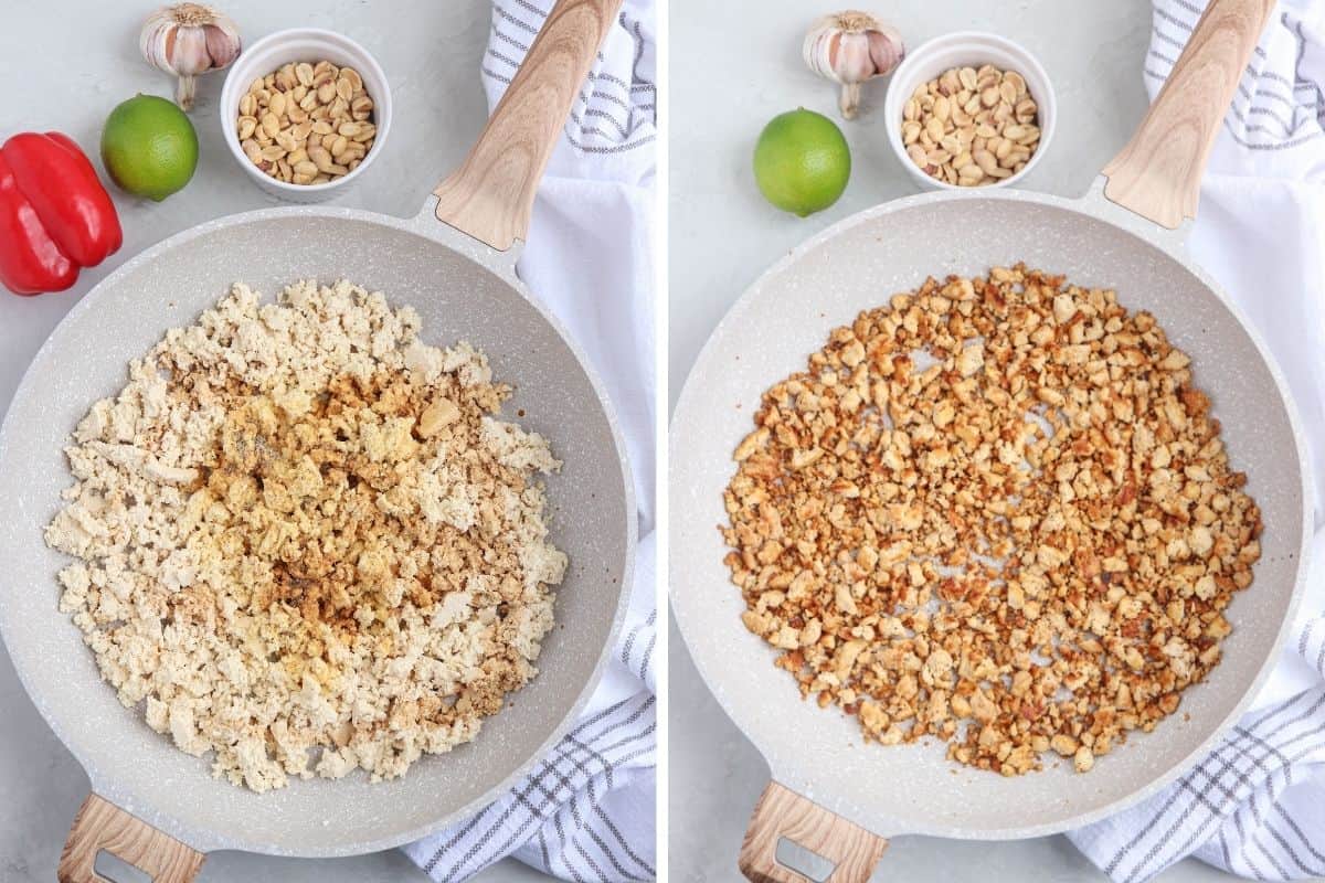 browning tofu crumbles in a skillet, before and after.