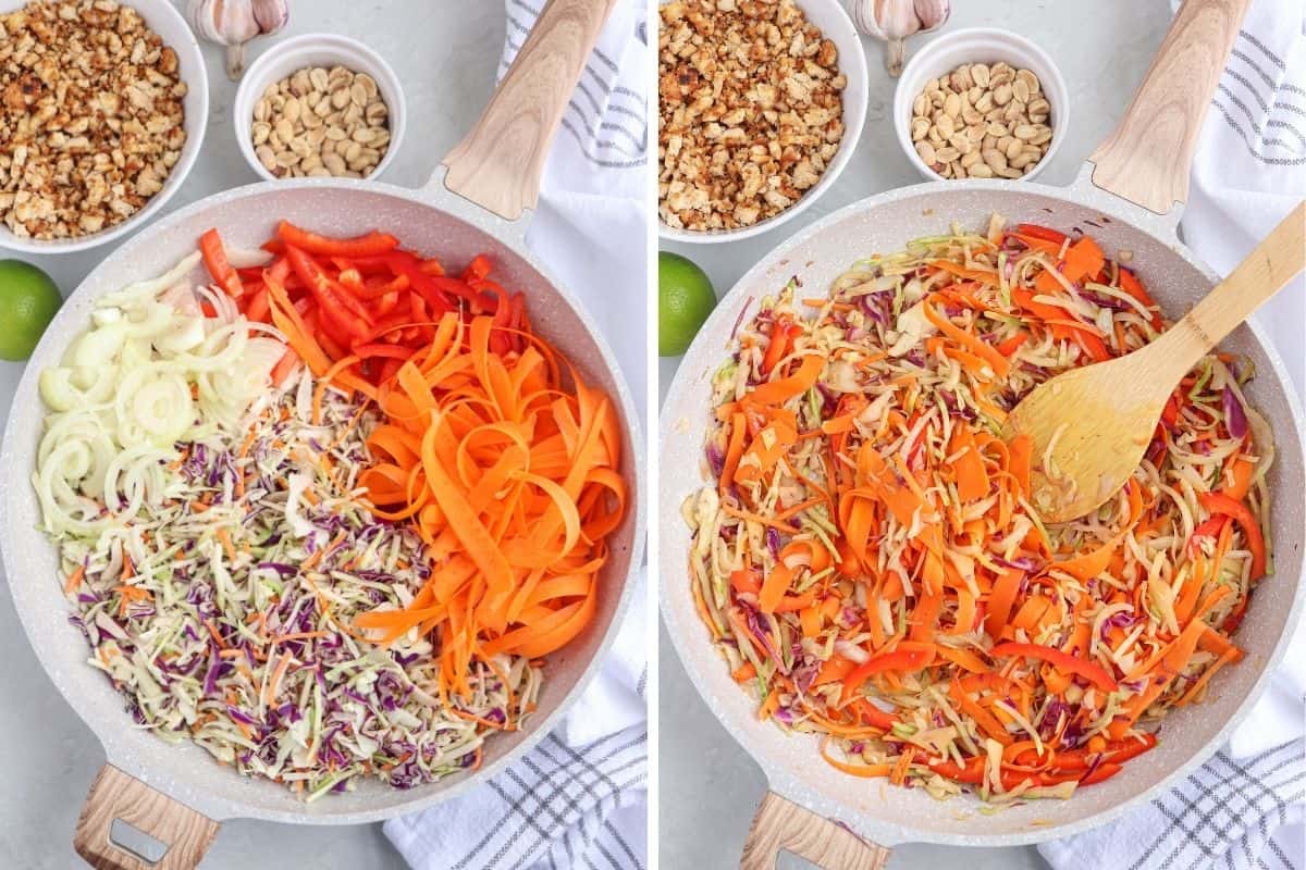 cooking vegetables in a skillet for vegan egg roll in a bowl, before and after.