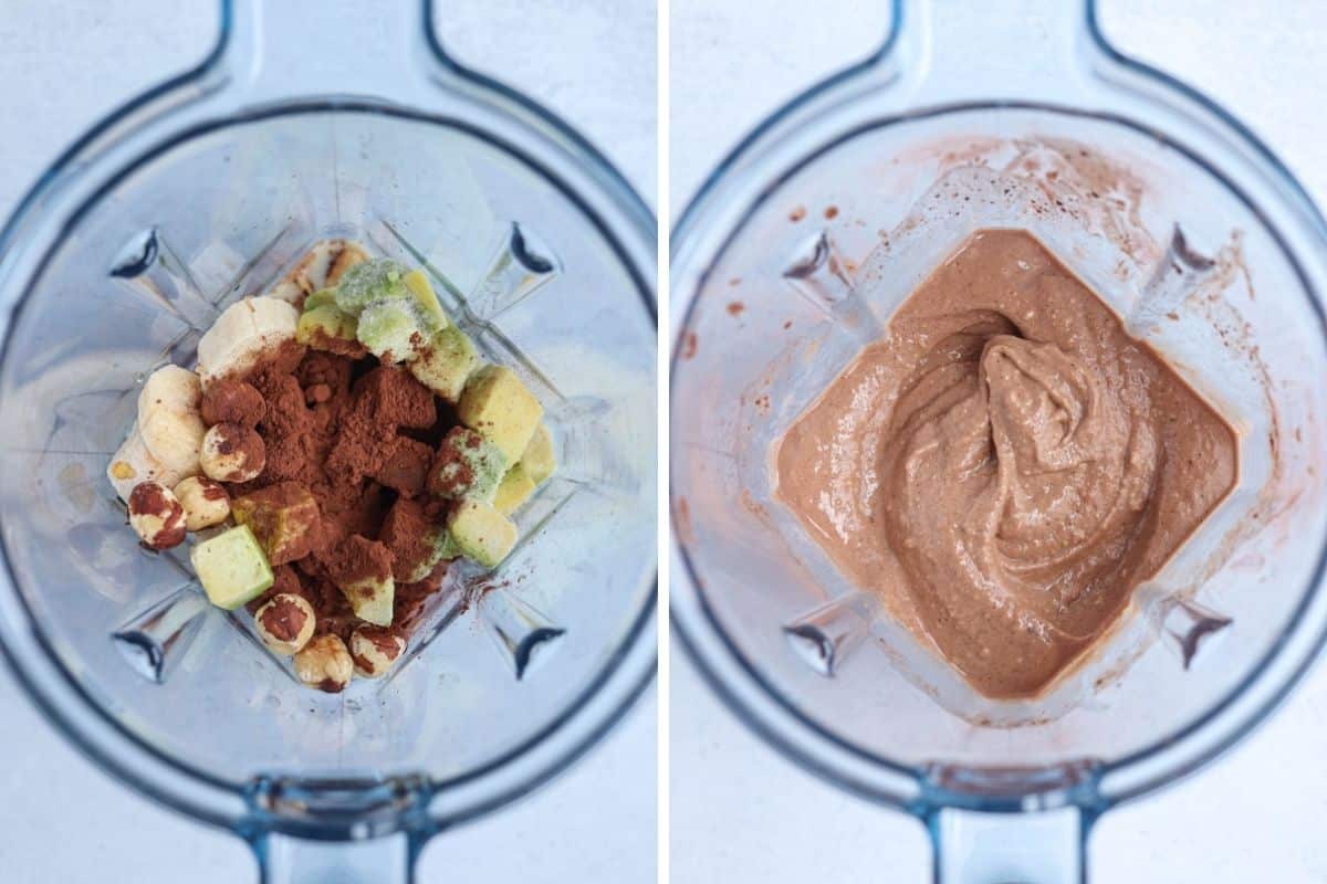 making Nutella smoothie bowl in a blender, before and after blending.