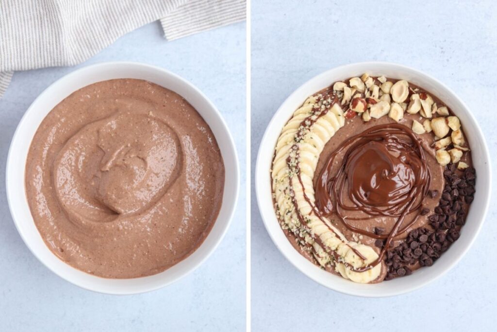 Nutella smoothie bowl without and with toppings.
