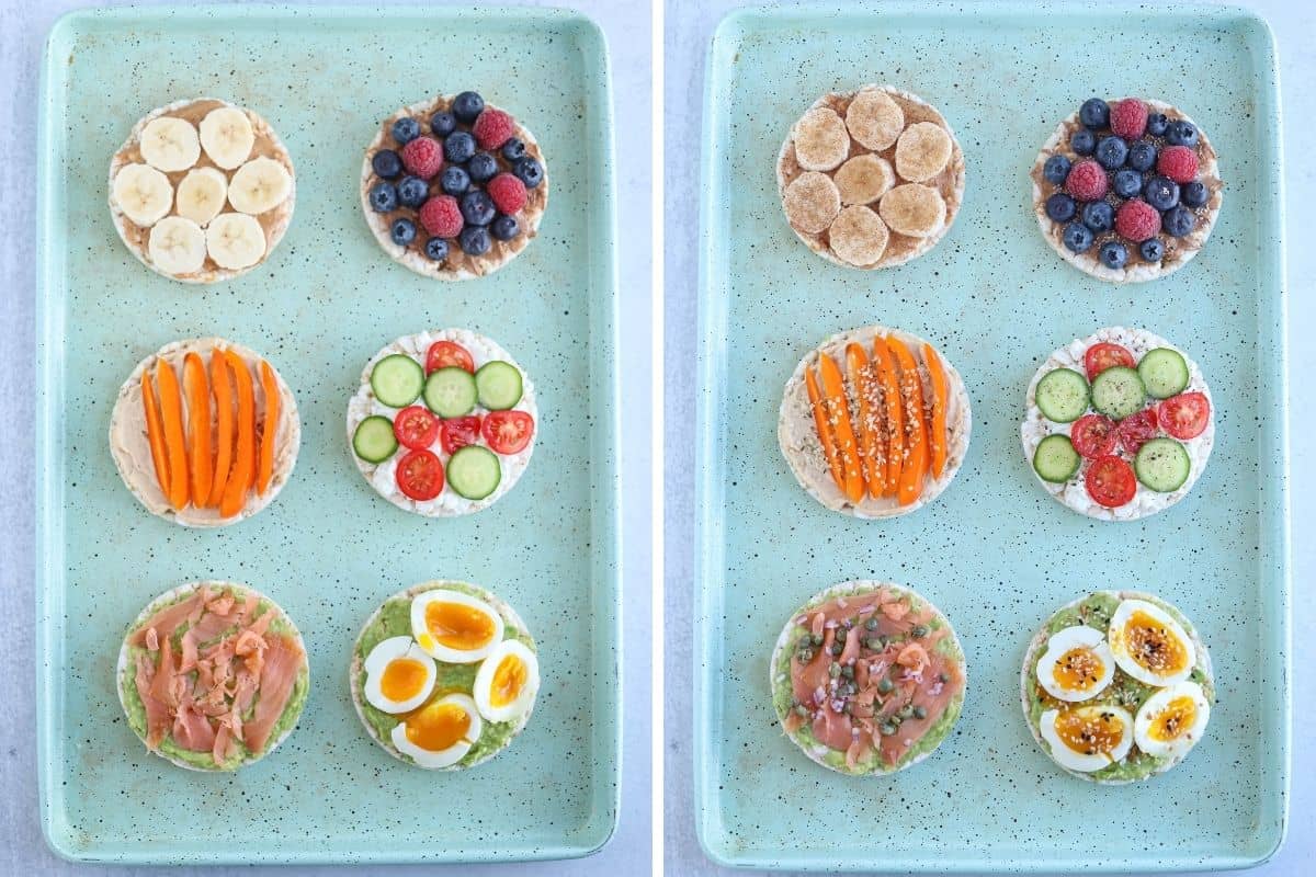 six rice cake snacks with toppings before and after adding sprinkles and spices on a teal baking sheet.