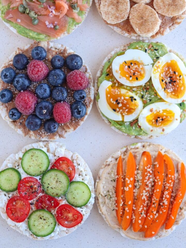 six rice cake snacks with various toppings.