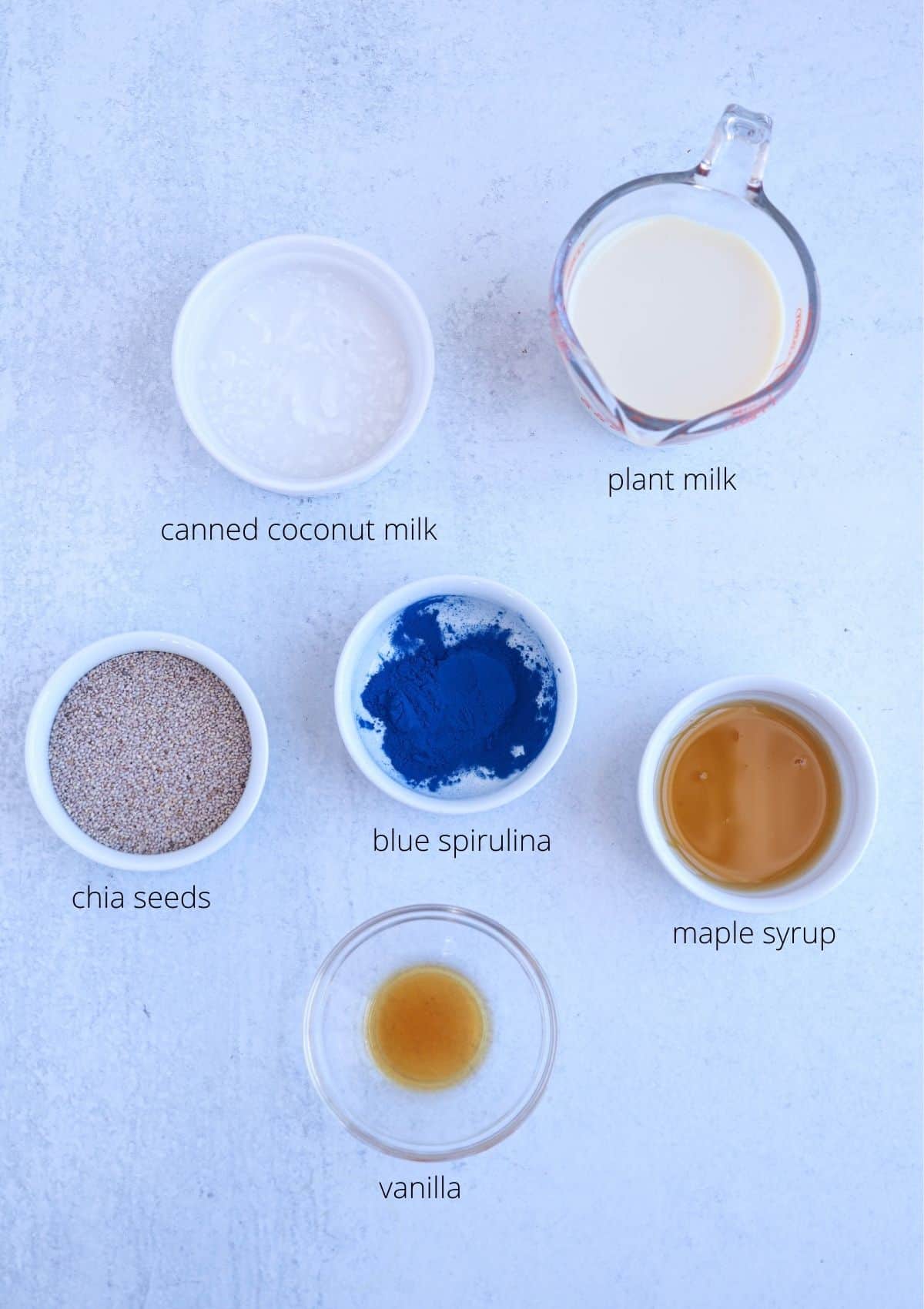 blue chia pudding ingredients in small containers laid out on light gray counter, labeled.