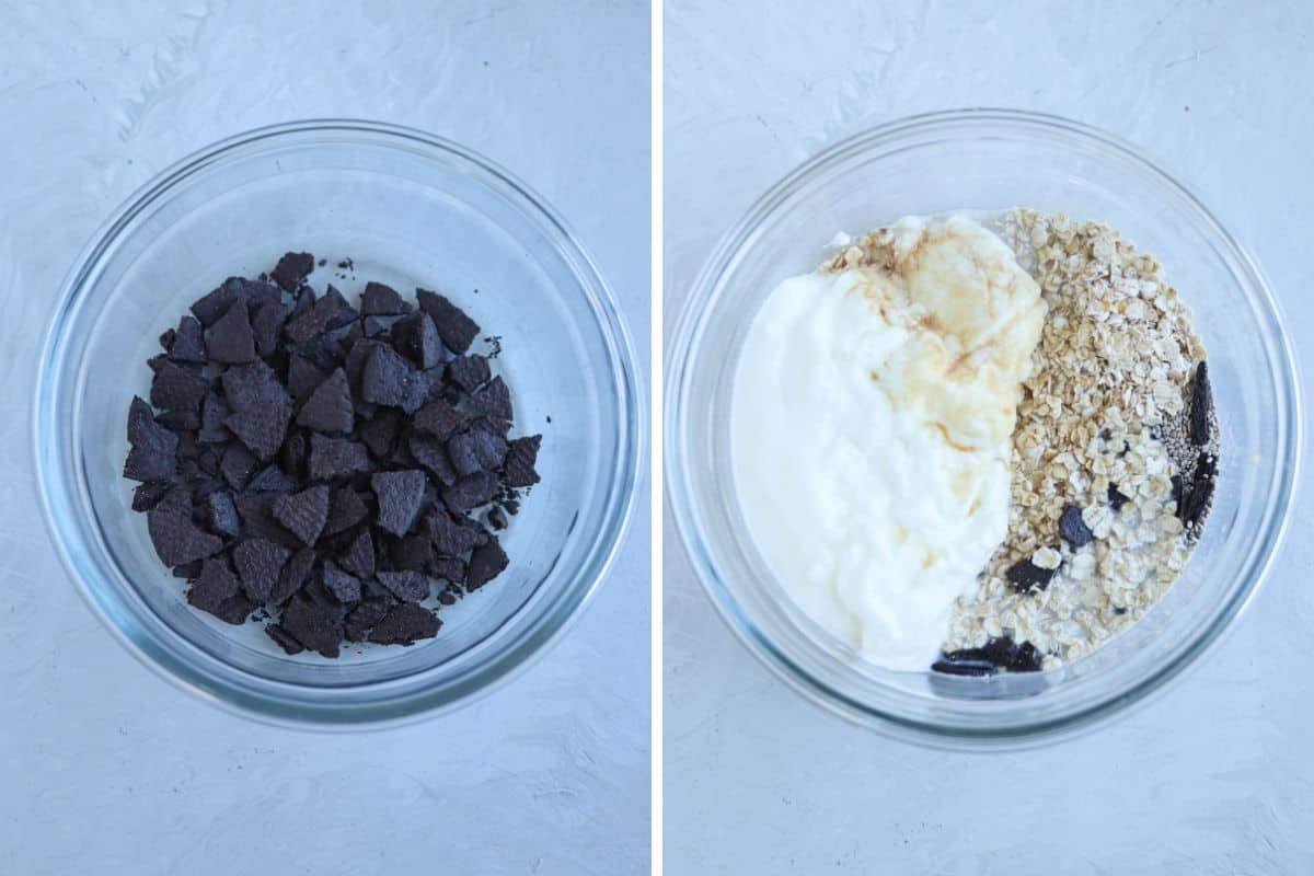 making oreo overnight oats in a glass bowl in two steps before placing in the fridge.
