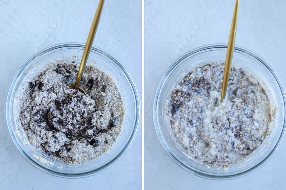 mixing oreo overnight oats in a glass bowl with a golden spoon, before and after sitting in the fridge.