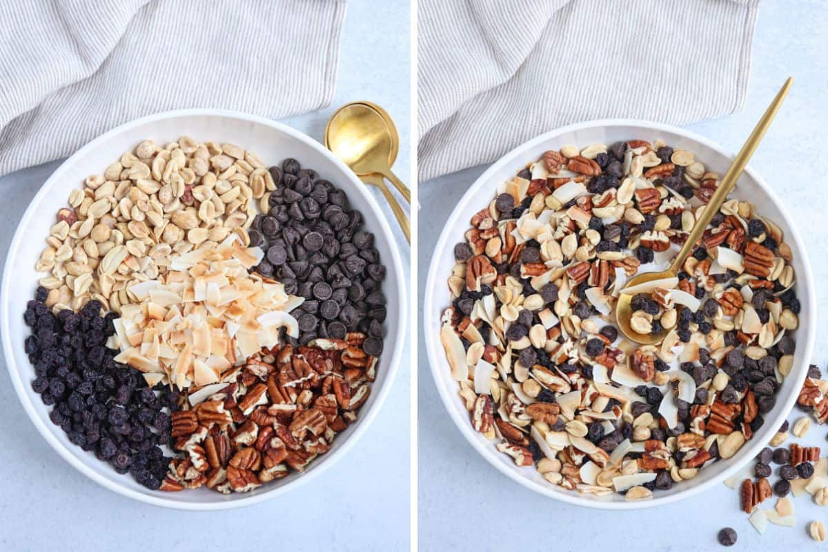 low carb trail mix before and after mixing in a white wide bowl, side by side photos.