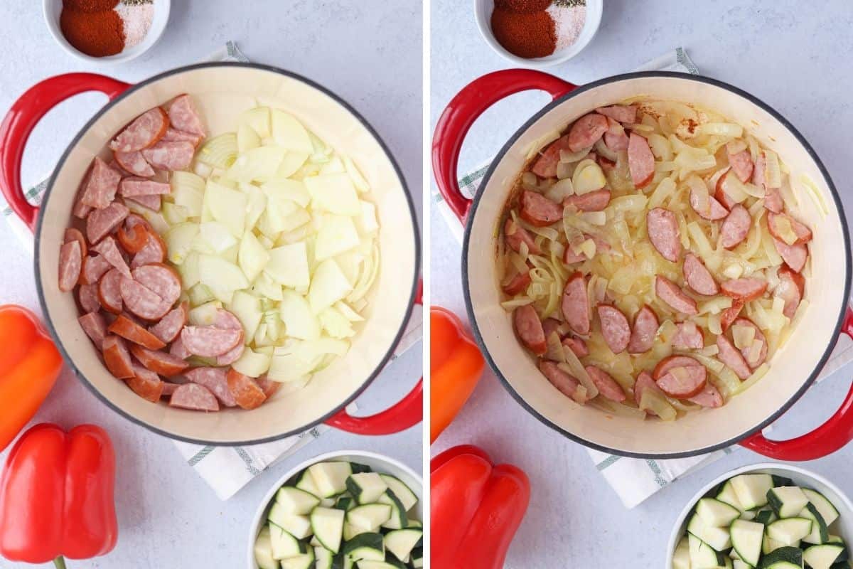 cooking onions and sausage in a dutch oven.