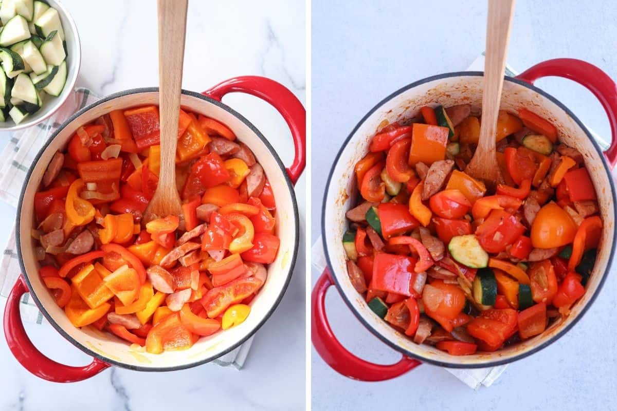 cooking peppers, tomato and sausage stew in a dutch oven.