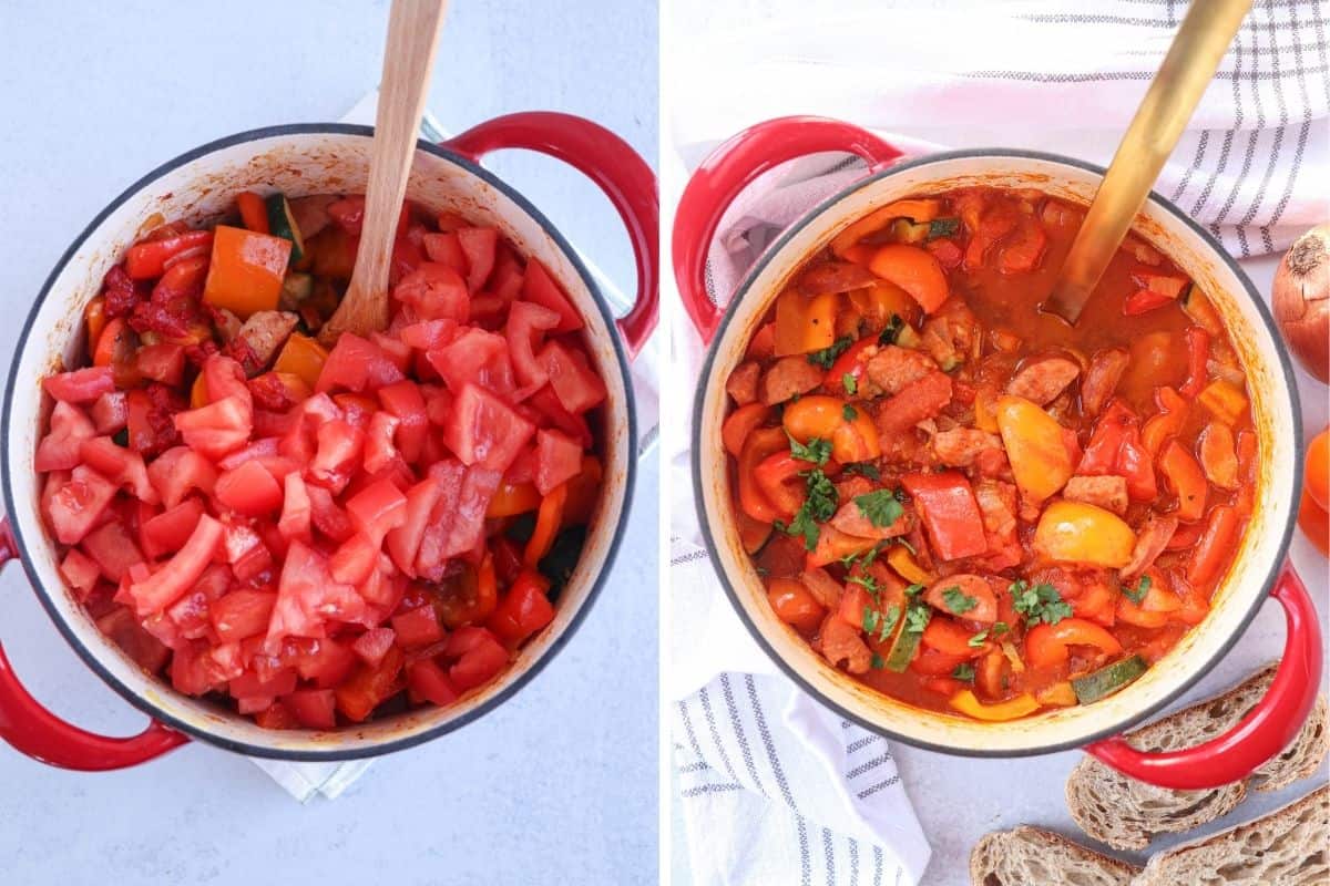 cooking peppers, tomato and sausage stew in a dutch oven.