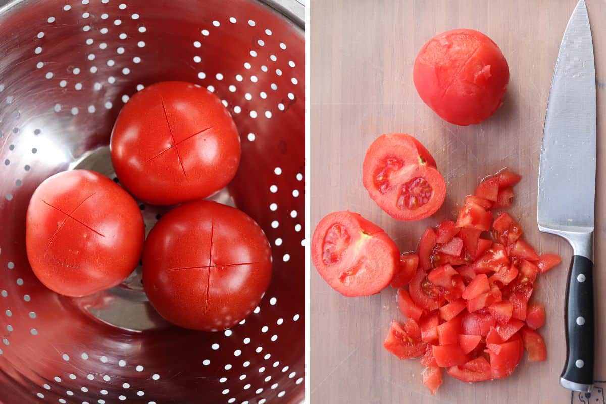 how to peel tomatoes by scoring them and placing in a colander, then cutting peeled tomatoes on a wooden board.