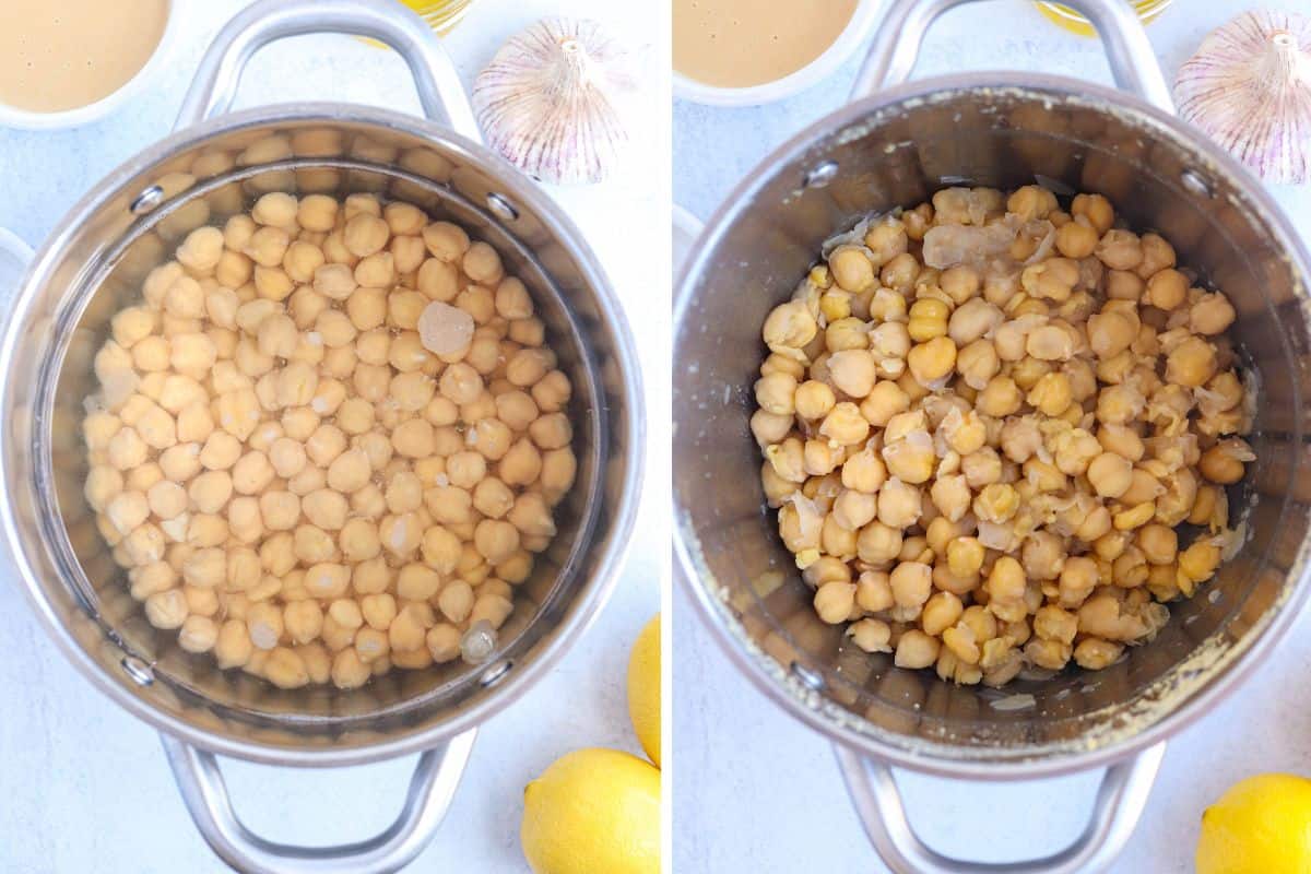 cooking chickpeas in a steel pot, before and after.