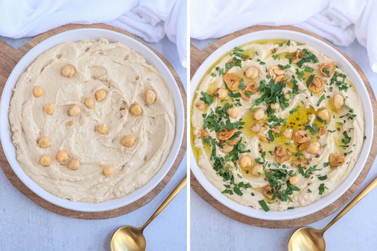 whole chickpea hummus in a white bowl, before and after adding garnish on top.