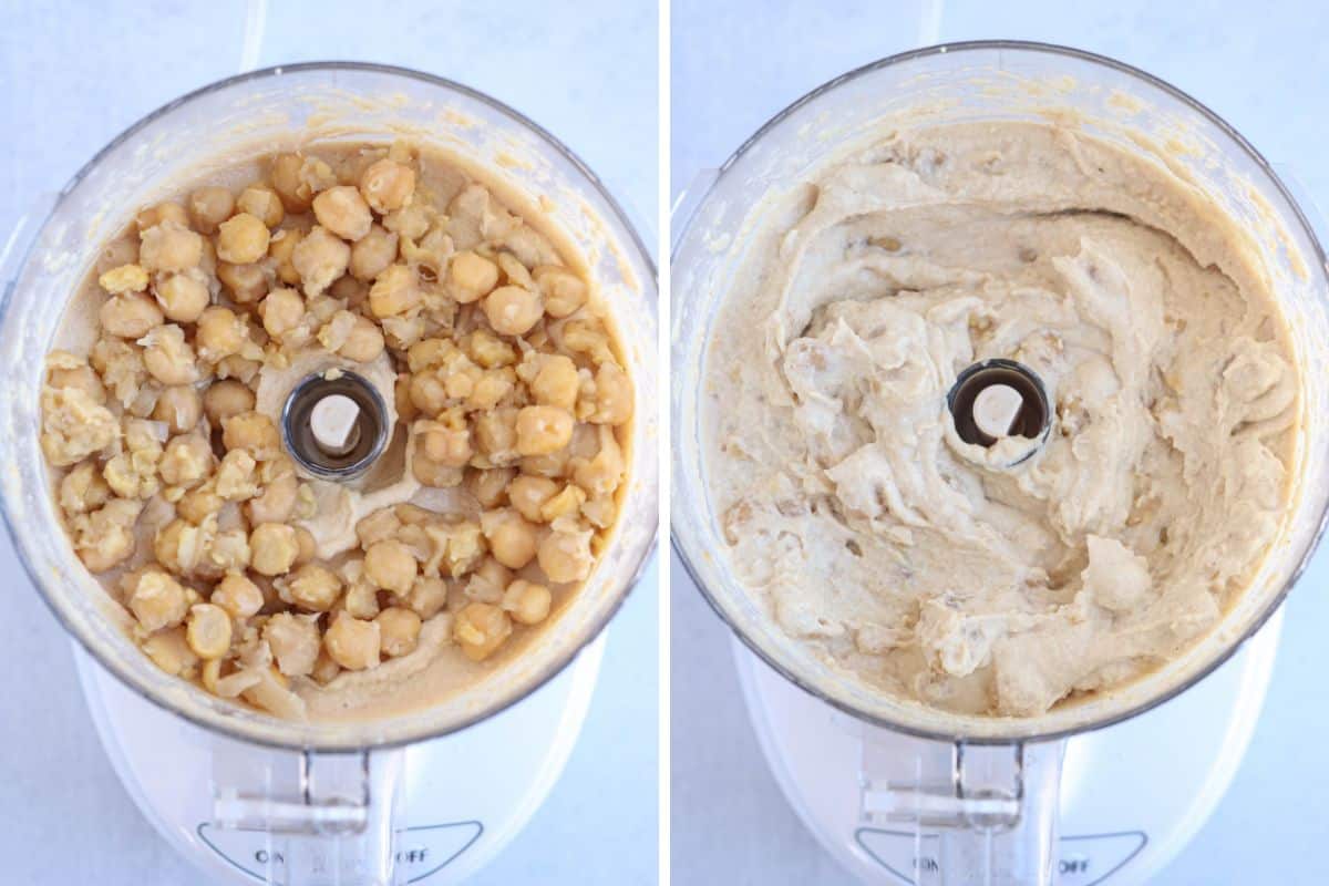 making whole  chickpea hummus in a food processor, before and after stirring in whole chickpeas.