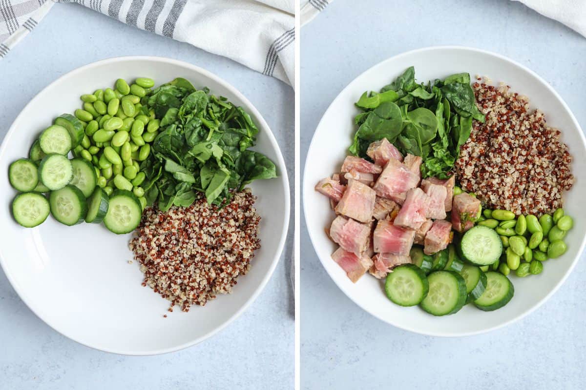 making quinoa poke bowl in two shots, with and without tuna.