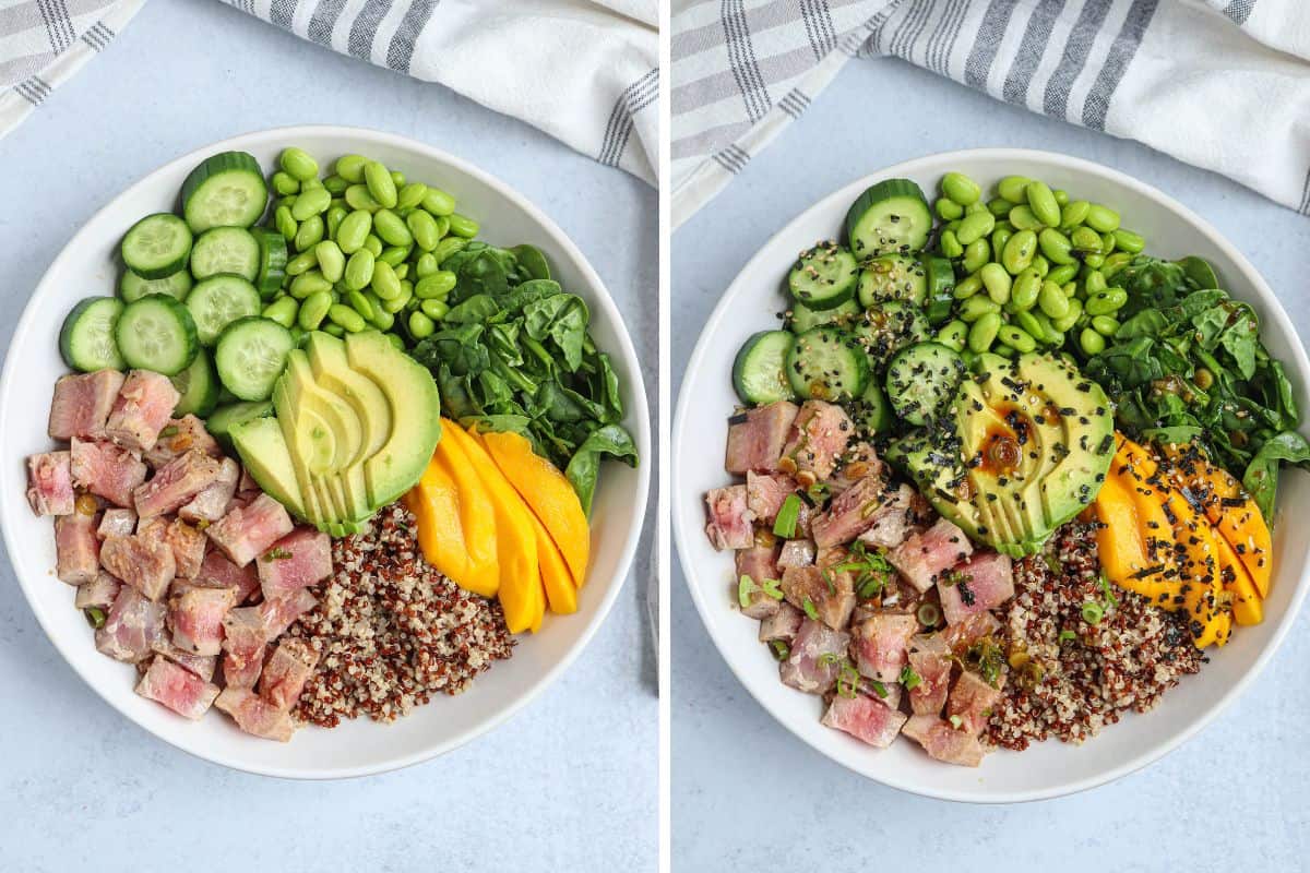 quinoa poke bowl with quinoa, seared ahi tuna, edamame, cucumber, mango, spinach and avocado sprinkled with furikake in a white bowl, before and after adding finishing toppings.