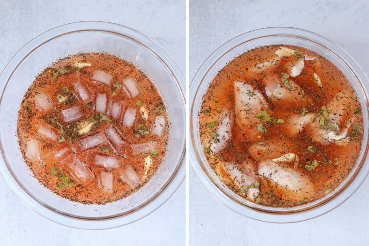 making chicken wing brine in a glass bowl in two steps.