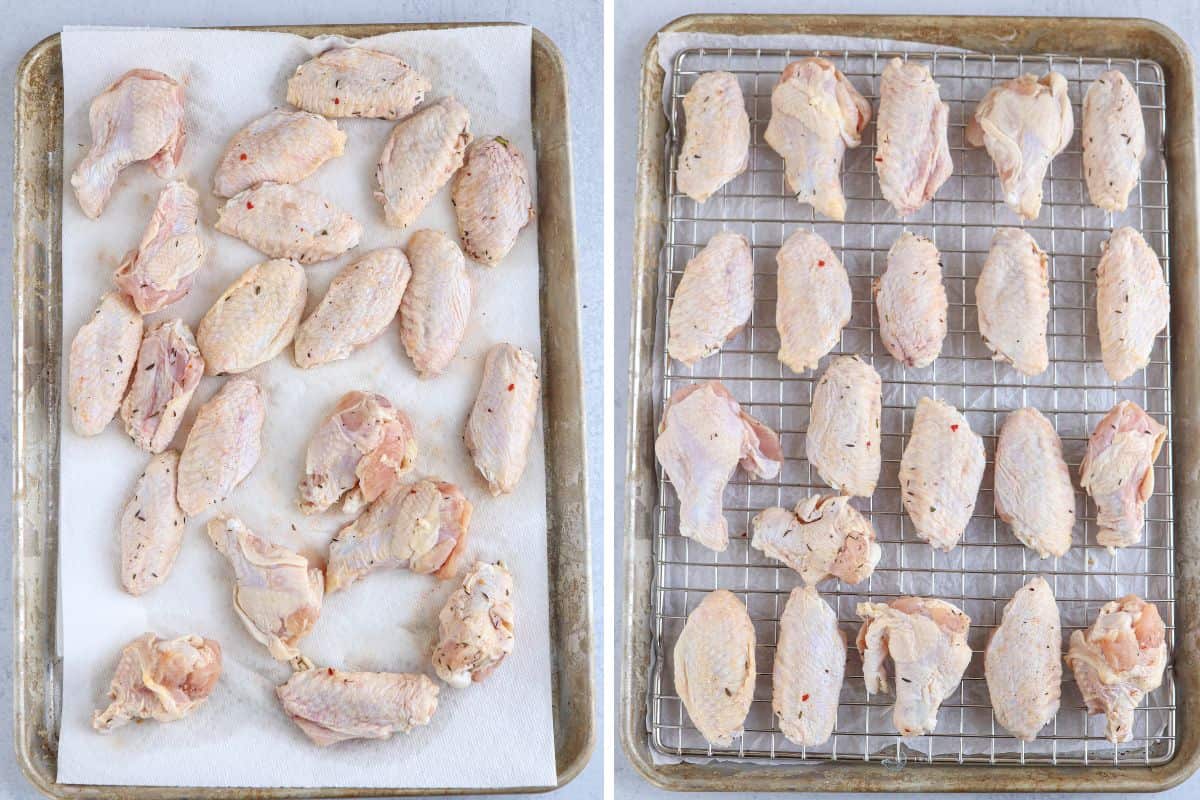 prepping brined uncooked chicken wings on a baking sheet.