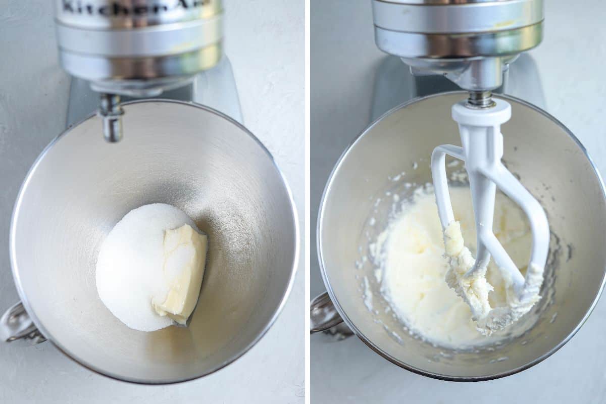 creaming butter and sugar together in a standup mixer.