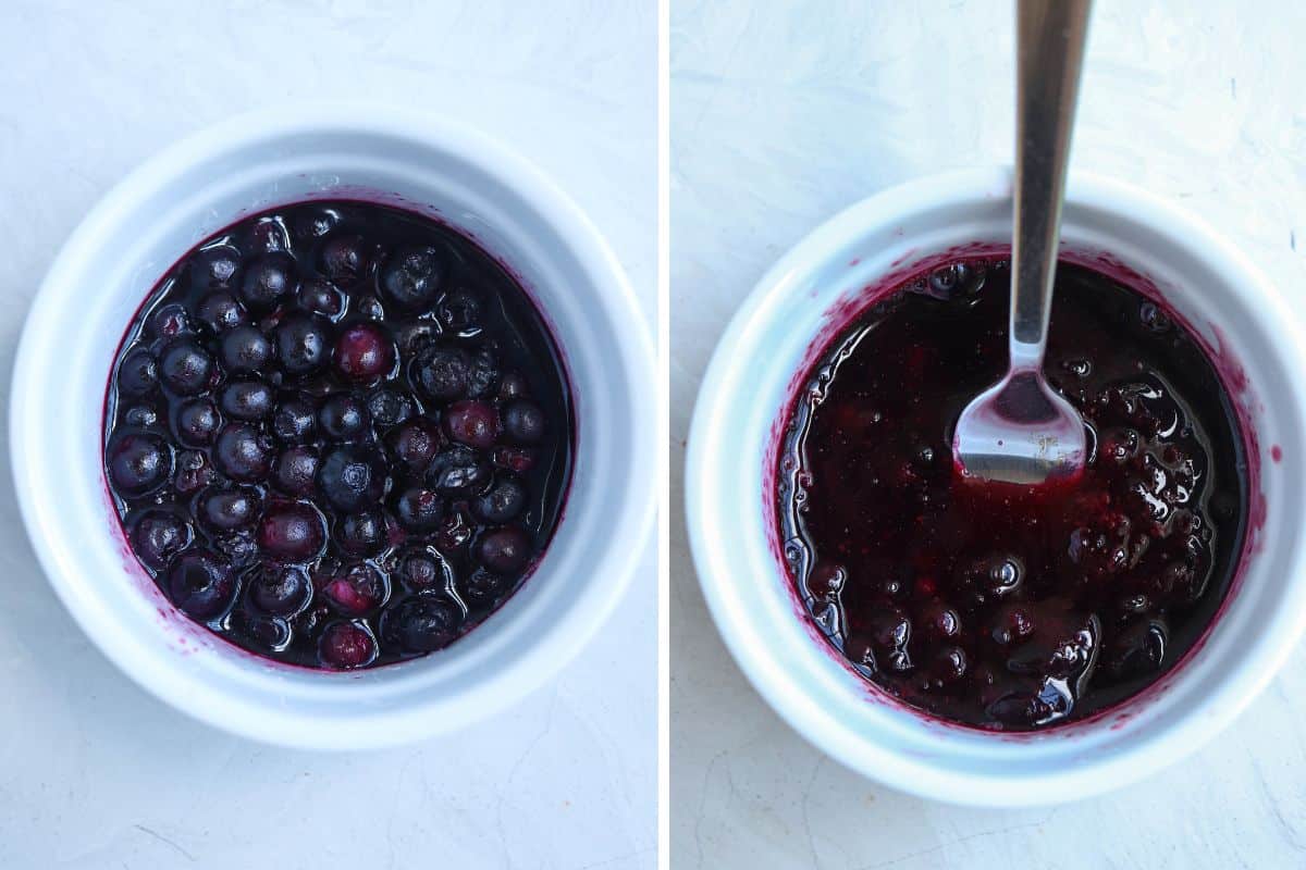 mashing blueberries, before and after.