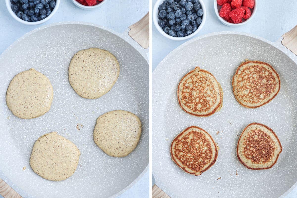cooking protein oatmeal pancakes in a non-stick skillet.