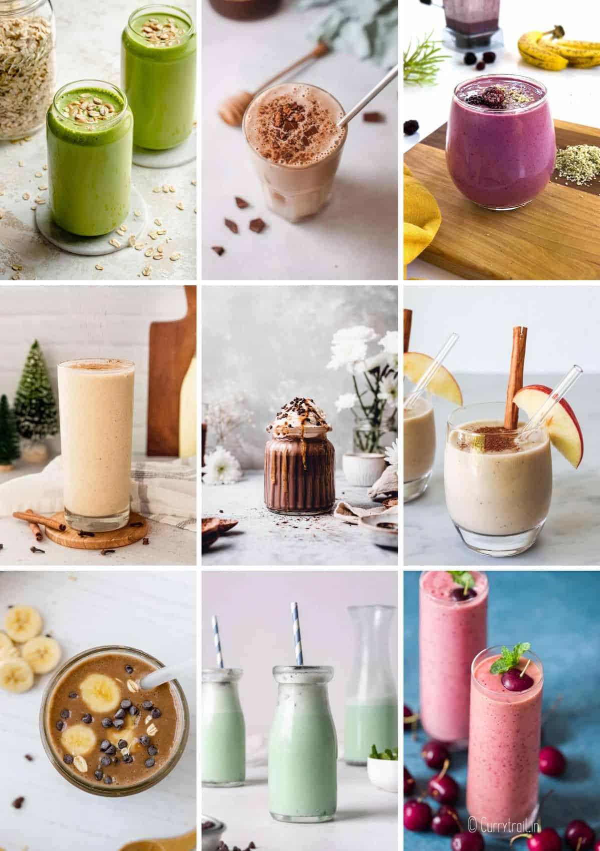 a collage of 9 photos showing different smoothies.