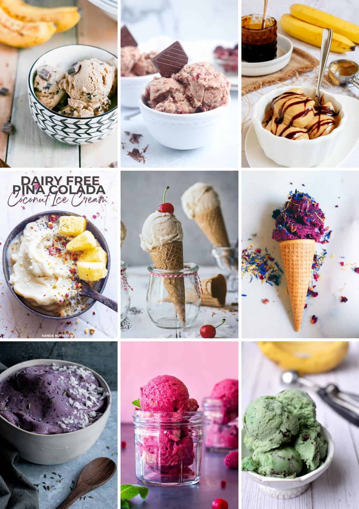 a collage of 9 photos showing different nice cream or banana based healthy ice cream.