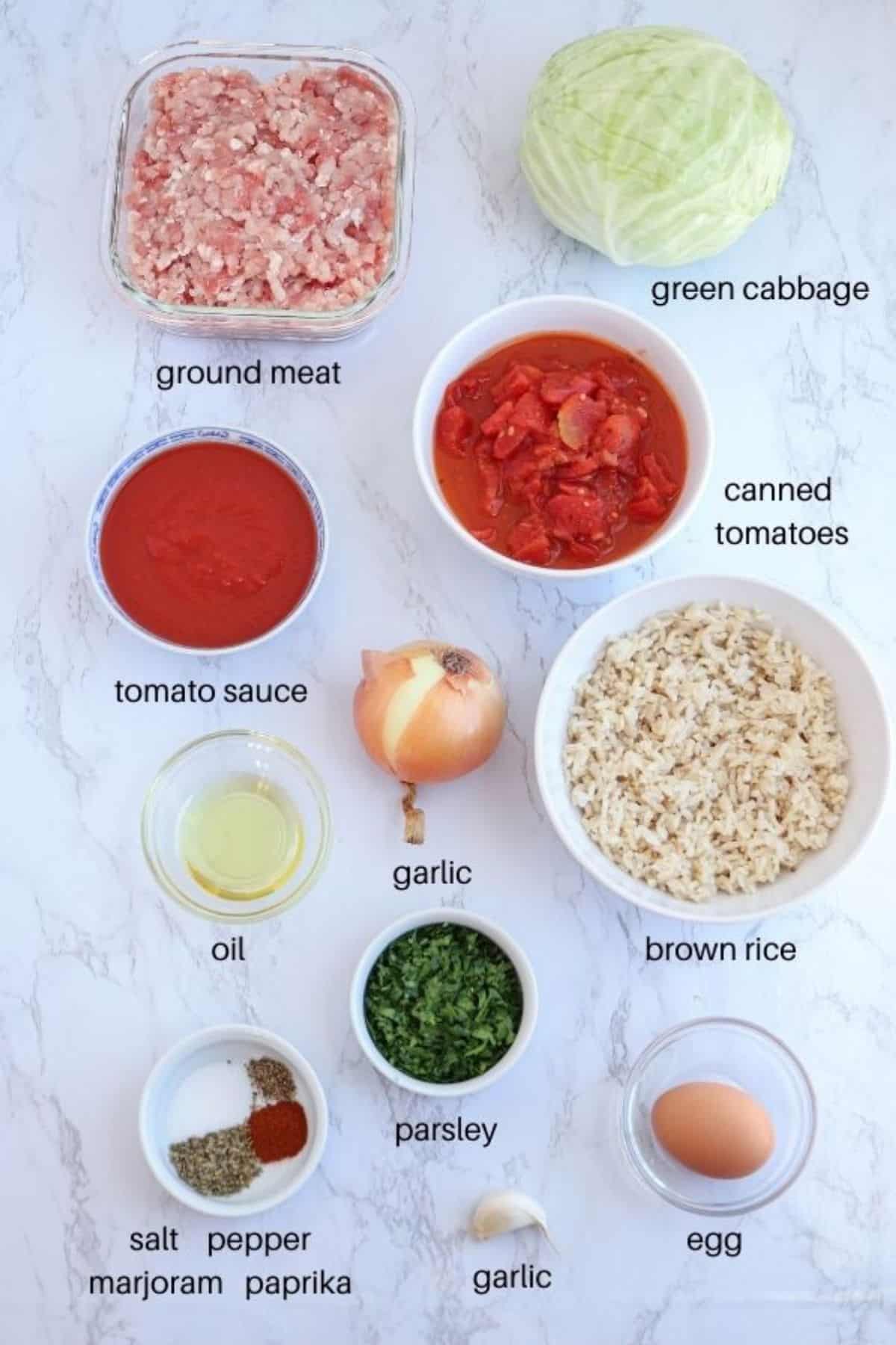 unstuffed polish cabbage rolls ingredients with captions.