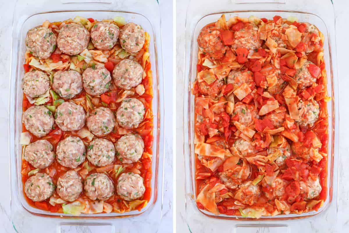 cabbage and meatballs in tomato sauve in a pyrex dish, without and with sauce on top.