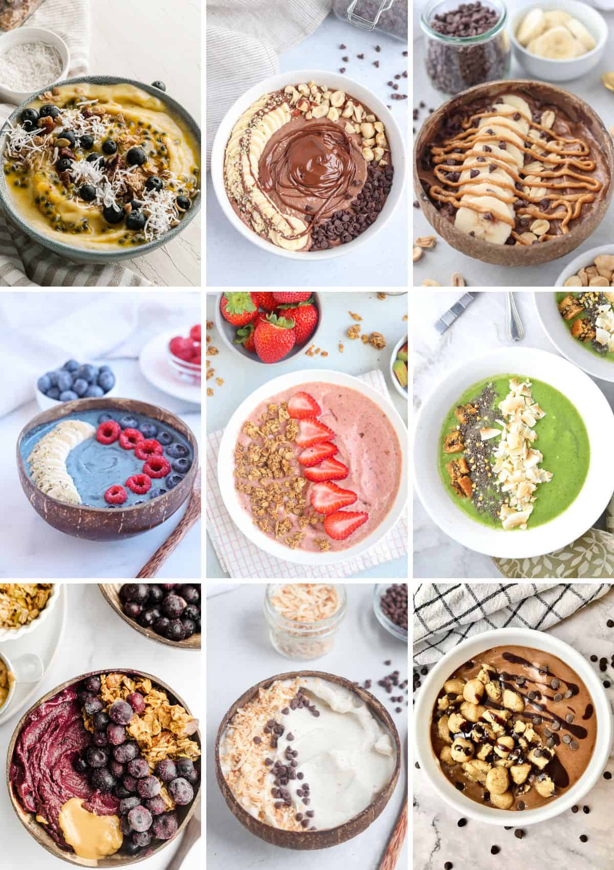 a collage of 9 photos showing different smoothie bowls.