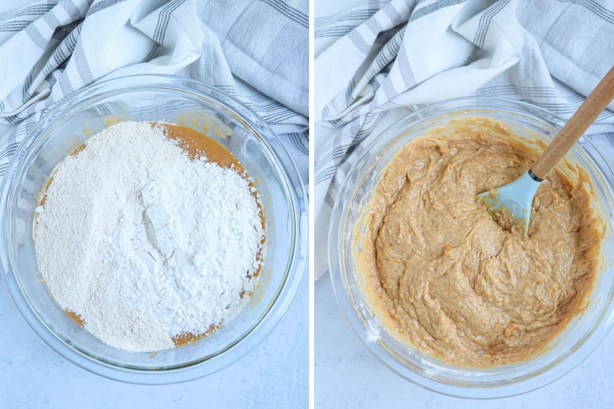 making banana bread batter with flour in a glass bowl in two steps.