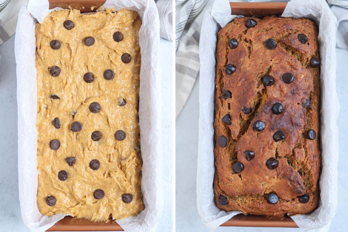 sweet potato banana bread in a loaf pan before and after baking.