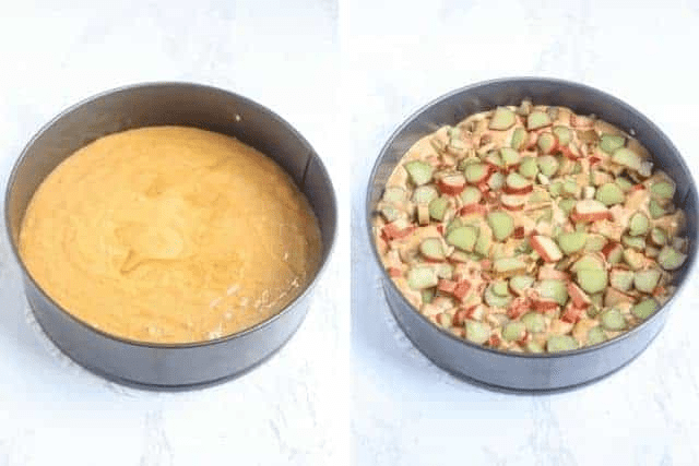 rhubarb cake in a spring form before and after adding rhubarb.