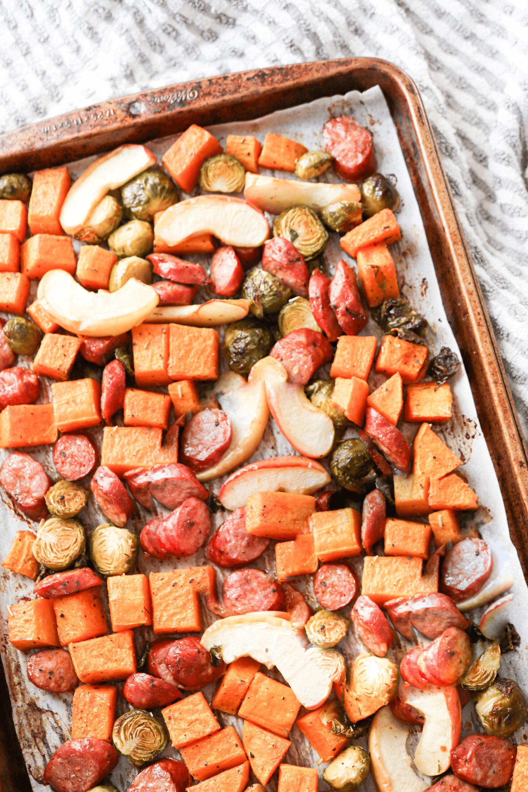 apple sausage butternut squash brussel sprouts sheet pan dinner.