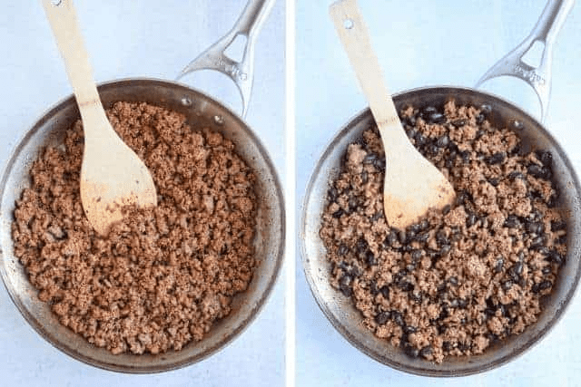 cooking ground beef in a skillet in two steps. 