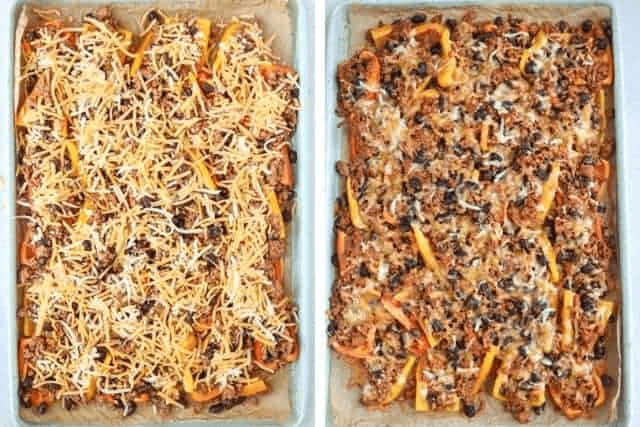 making mini pepper nachos, before and after baking.