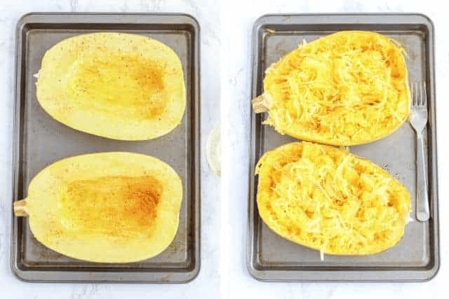 roasting spaghetti squash on a baking tray before and after side by side.