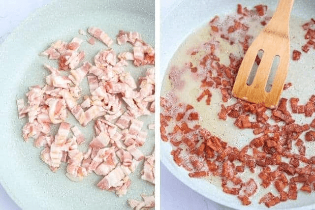 cooking bacon bits in a light blue skillet in two steps.