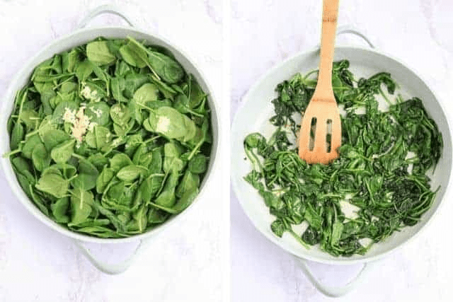 cooking spinach with garlic, before and after wilting. 