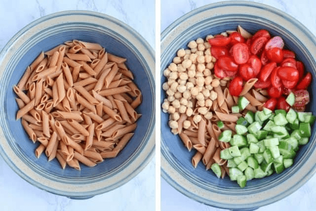 making red lentil pasta salad in a large blue bowl in two steps. 