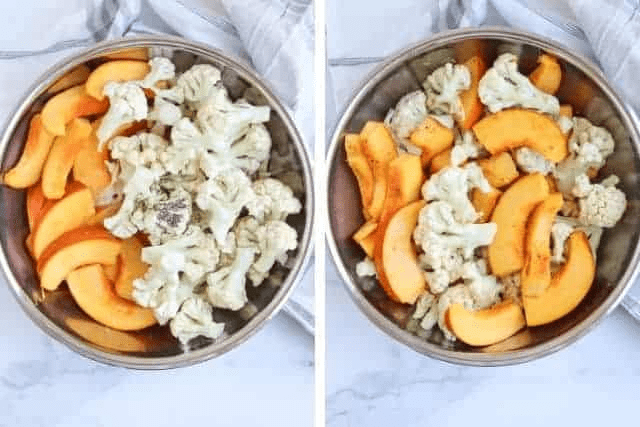 cauliflower and pumpkin in a steel bowl before and after mixing. 