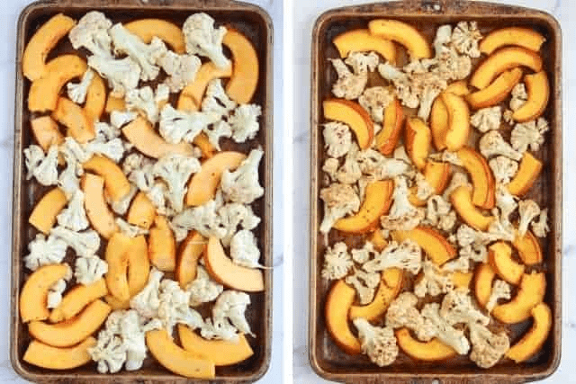 roasting pumpkin and cauliflower on a baking sheet in two steps.