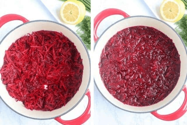 cooking grated beets in a red Dutch oven in two steps. 